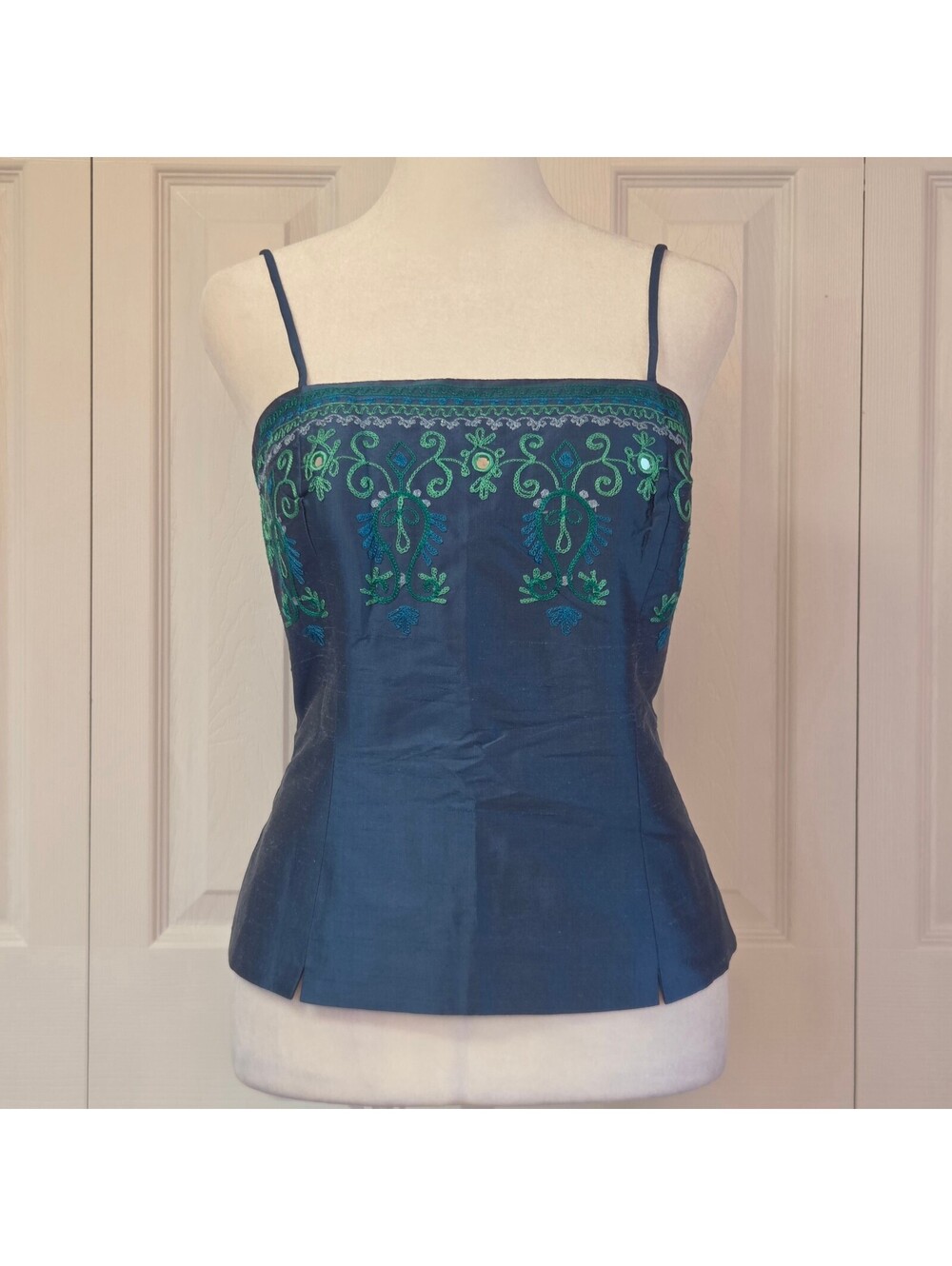 Vintage Y2K Dark Blue Fitted Silk Cami Top w/ Teal Floral Embroidery Sz 10 Fairy